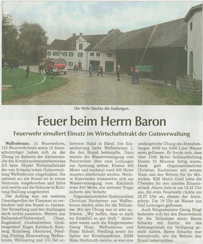 Ausschnitt der Chamer Zeitung vom 30.09.2013 – Übung beim Baron