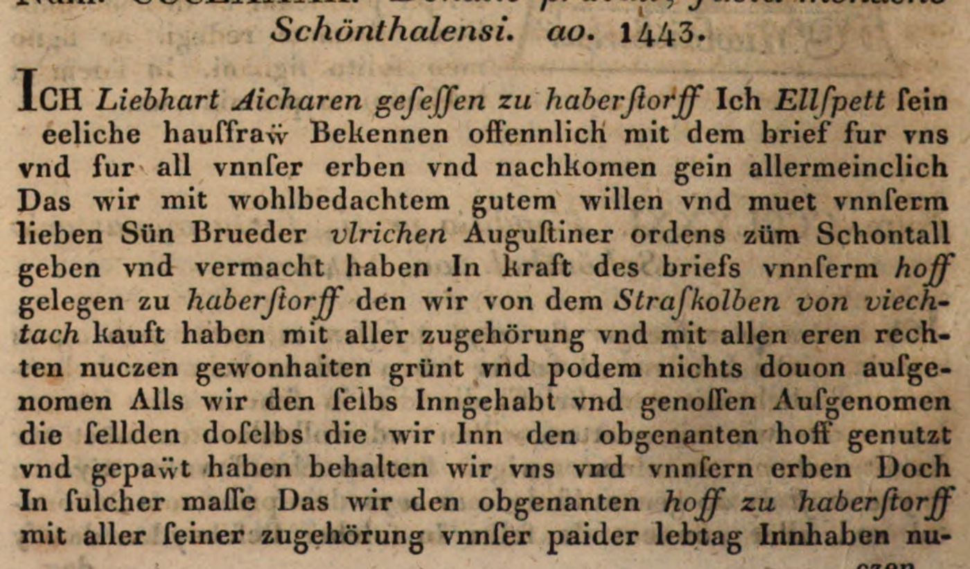 1443: Liebhart Aicharen vermacht seinen Hof dem Sohn im Kloster