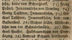 1807: Das Landgericht Cham lädt abwesende Militärpflichtige vor – drei Taschner aus „Balberstorf“