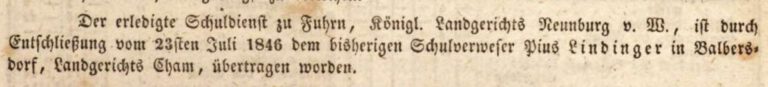 1846: Schulverweser Pius Lindinger geht von Balbersdorf nach Fuhrn