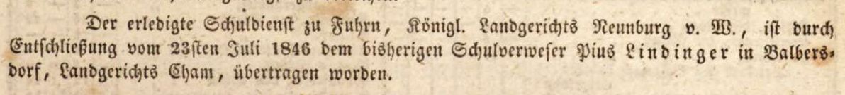 1846: Schulverweser Pius Lindinger geht von Balbersdorf nach Fuhrn