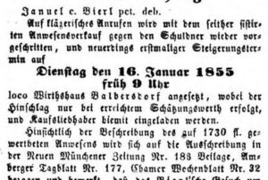 1854: Zwangsversteigerung „loco Wirthshaus Balbersdorf“ – das Bierl'sche Anwesen