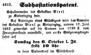 1855: Neuer Versteigerungstermin im Wirtshaus Balbersdorf – Schuldenwesen Bierl