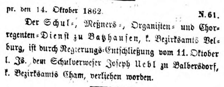 1862: Schulverweser Joseph Uebl geht nach Batzhausen