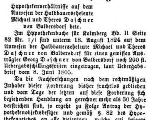1869: Aufruf zu einer alten Hypothek von 1805 auf dem Daschner-Anwesen