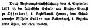 1871: Schulverweser Wilhelm Koller geht nach Offendorf
