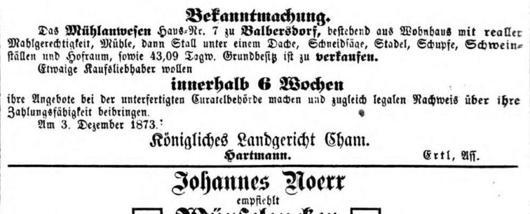1873: Die Mühle Haus-Nr. 7 in Balbersdorf steht zum Verkauf