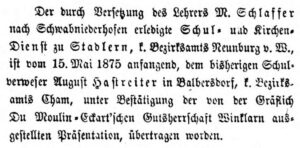 1875: Schulverweser August Hastreiter wird Lehrer in Stadlern