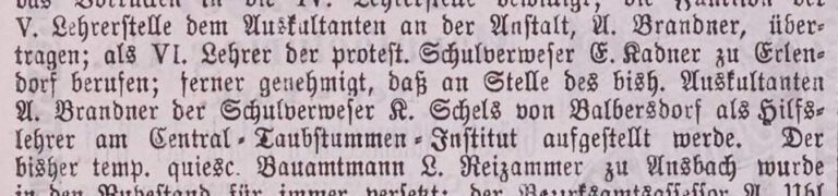 1875: Schulverweser K. Schels wird Hilfslehrer am Taubstummen-Institut in München