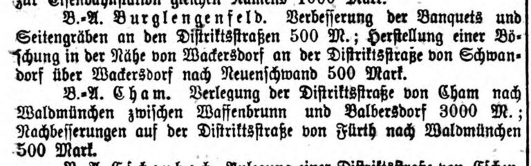 1876: 3000 Mark für die Verlegung der Straße zwischen Waffenbrunn und Balbersdorf