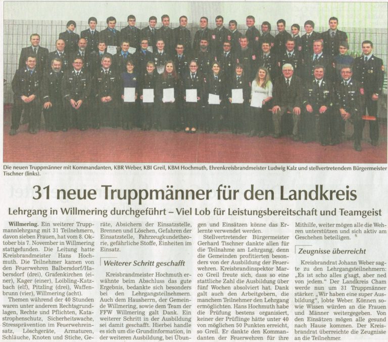 Ausschnitt der Chamer Zeitung vom 12.11.2013 – Truppmannlehrgang