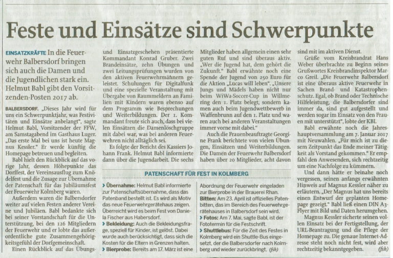 Ausschnitt des Bayerwald Echo vom Januar 2016 – Jahreshauptversammlung der FFW
